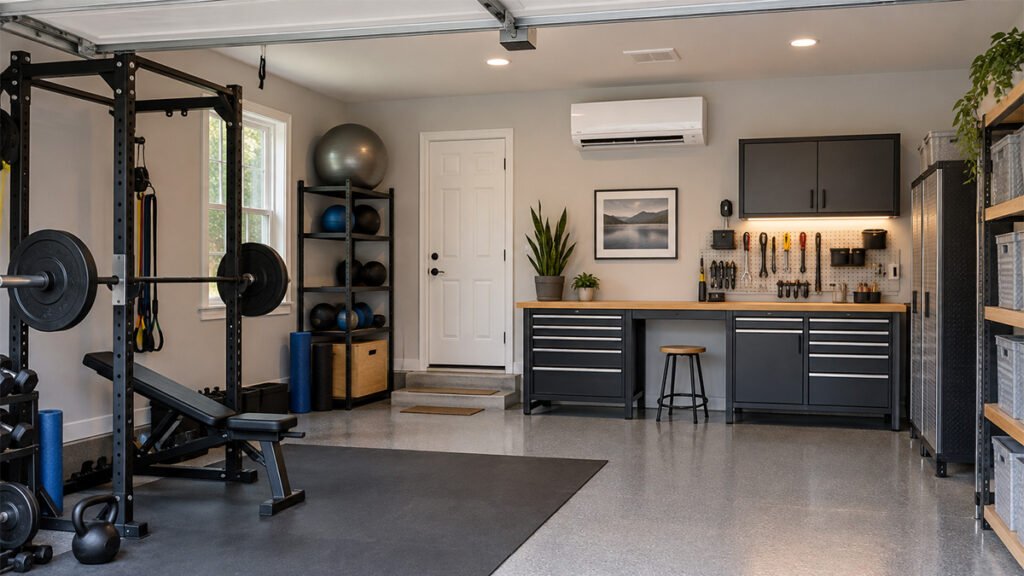 Finished garage workshop and home gym with a ductless mini-split