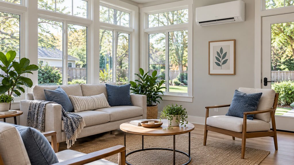 Bright sunroom with a wall-mounted ductless mini-split
